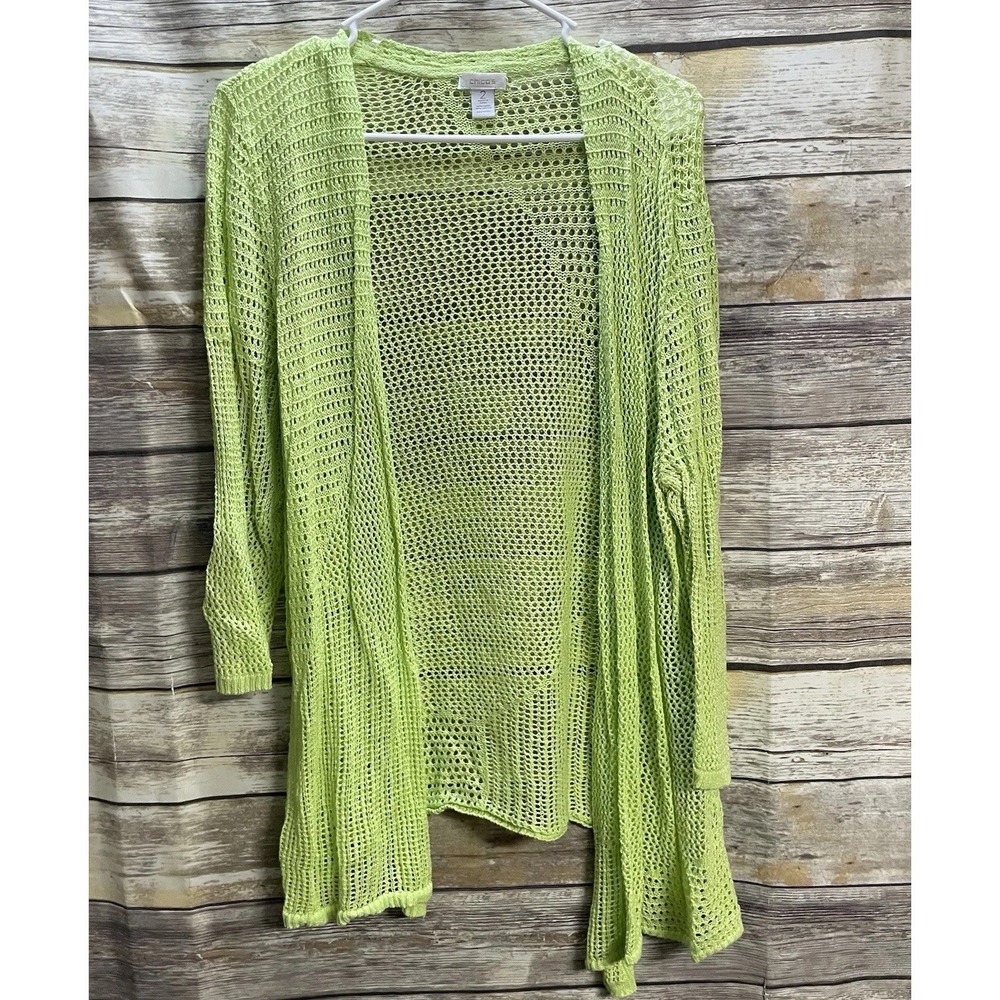 Chicos Sweater‎ Cardigan Mid Length Open Neon Lime Green Women's 2 Vacation